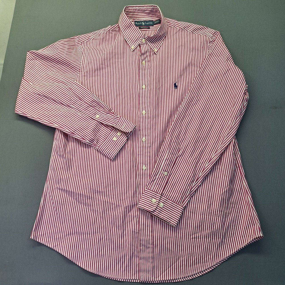 Ralph Lauren Custom Fit Magenta White Striped Cotton Button Down Shirt Mens 16.5